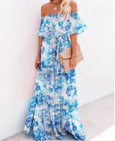 Vestido largo con volantes y efecto ombré al atardecer